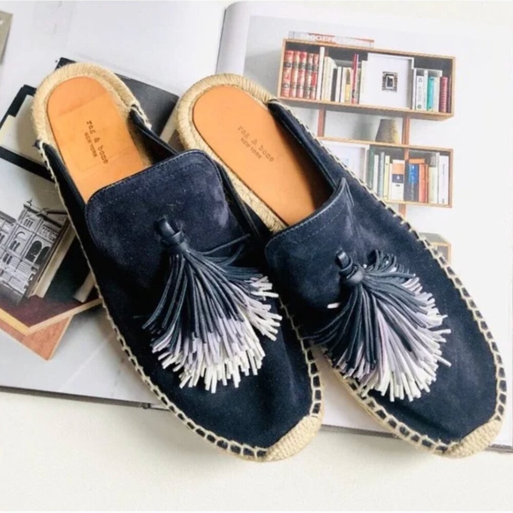 Rag & Bone Nadia Espadrille Flats Navy Suede Slip On Jute Tassel 8